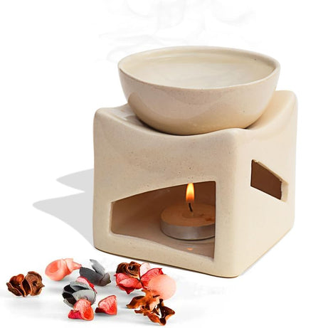 Pure Source India Ceramic Clay Candle Operated Aroma Burner Oil Diffuser, Extra Large Bowl, with 1 Tealight, 4.25 Inch, (Ivory White)