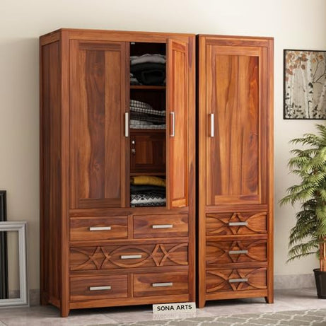 SONA ART & CRAFTS Solid Sheesham Wood 3 Door Wardrobe with 8 Drawers Storage for Bedroom | Wooden Almirah for Clothes | Wooden Cupboard | Natural Honey Finish