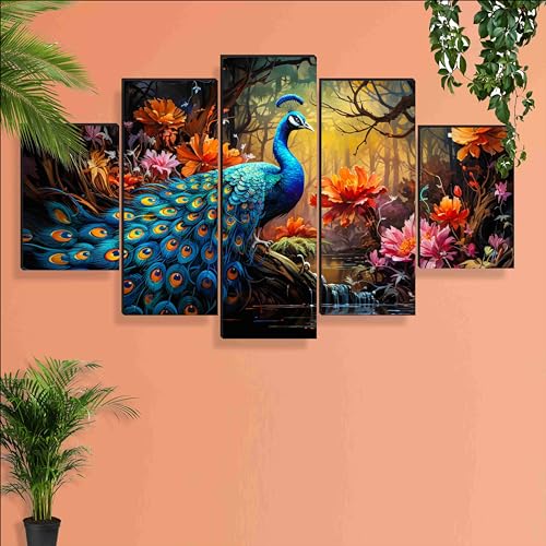 SAF Peacock Paintings For Wall Decoration - Set Of Five,3D Scenery Vastu Painting For Living Room Large Size With Frames For Home Decoration,Hotel,Office 76.2X45 Cm, Sanfpnls35471 - Engineered Wood