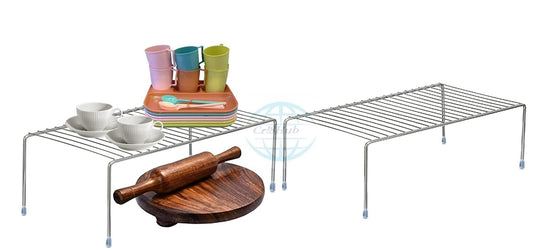 CR18 COLLECTION 2Pcs Stainless Steel Kitchen Dish Rack Expandable Storage Shelves For Kitchen Cabinets Multipurpose Organizer Extend Up To 580 Mm With Anti-Rust Nano Coating Kitchen Shelves,Pack Of 2