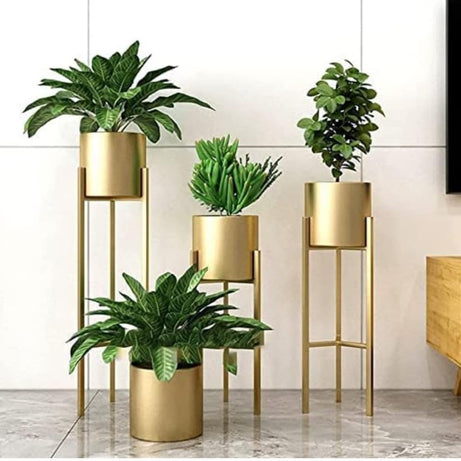 Home Deco Modern Metal Floor Flower Stands Planter for Living Room Bedroom Display Plant Stand Tall Indoor Plant Stand with Planter Pot -Set of 3 gold)