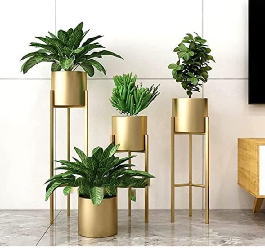 Home Deco Modern Metal Floor Flower Stands Planter for Living Room Bedroom Display Plant Stand Tall Indoor Plant Stand with Planter Pot -Set of 3 gold)