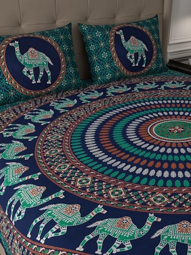 JaipurFabric® Cotton 180 TC Sanganeri Print Double Bedsheet with 2 Pillow Covers (90" X 108"), Green