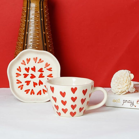 Earthystone Ceramic Heart Print Tea/Coffee Mug | Tea/Coffee Heart Cup And Saucer Set | Microwave Safe | Gift Valentine Day Birthday (Red Heart Print) - 175 Ml