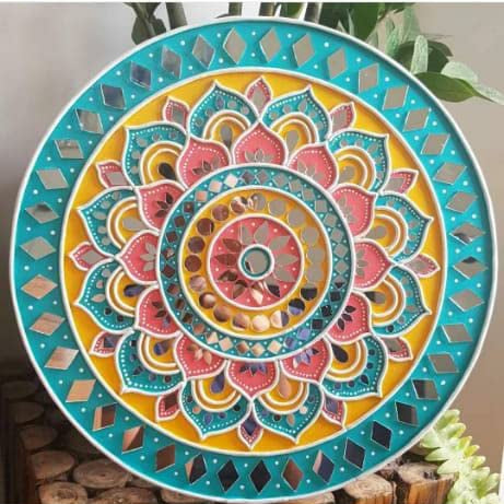 Chitra Artwork_Mud Round Wood Mirror Wall Art Painting For Home Decor(31 Cm X 31 Cm X 2 Cm) (Sky Blue)