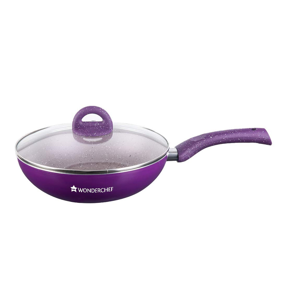 Wonderchef Granite Non-Stick Wok | Glass Lid | Induction Bottom | Soft-Touch Handles | Virgin Aluminium | PFOA and Heavy Metals Free | 3.5mm Thick| 24cm, 2.7 litres | 2 Year Warranty | Purple