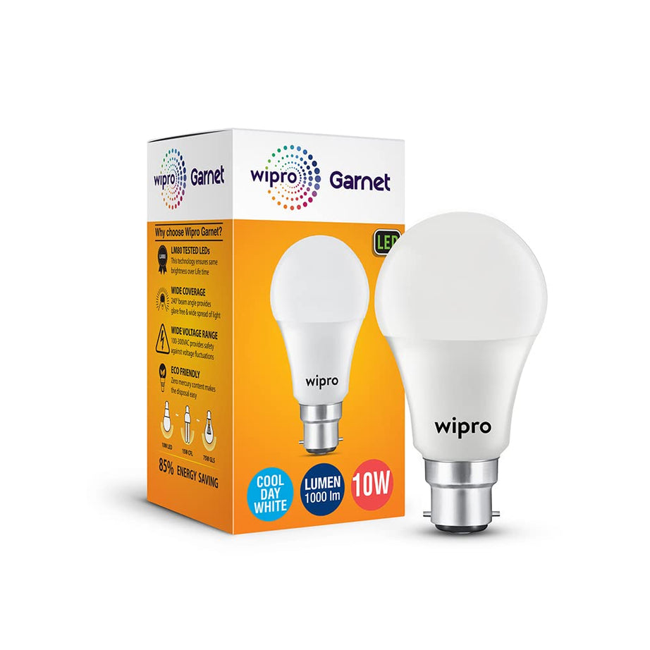 Wipro Garnet 10W LED Bulb for Home & Office |Cool Day White (6500K) | B22 Base|220 degree Light coverage |4Kv Surge Protection |400V High Voltage Protection |Energy Efficient | Pack of 1