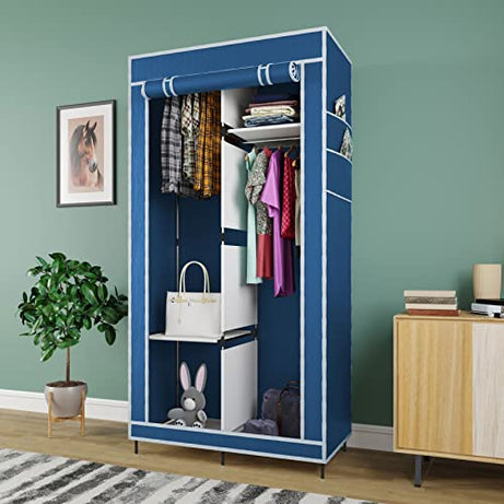 GTC® Collapsible Wardrobe Closet for Clothes Almira, 2 Hanging Space, 4 Shelves, 1 Side Pocket Non-Woven Fabric 7700-4 (Blue)