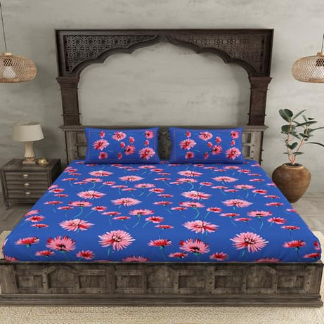 JaipurFabric® Cotton 180 TC Sun Flower Double Bedsheet with 2 Pillow Covers (90" X 108"), Blue