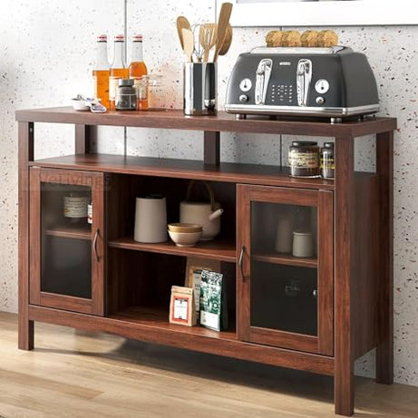 VeLivings Solid Wood Multipurpose Sideboard Cabinet for Living Room Contemporary Wooden Crockery Cabinet with Two Glass Doors and Versatile Storage - Walnut Finish - Dining Room Sideboard