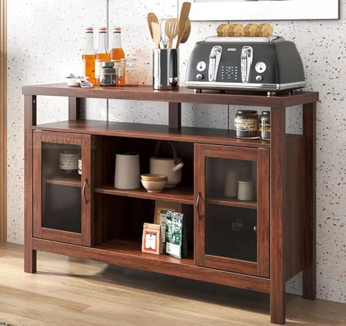 VeLivings Solid Wood Multipurpose Sideboard Cabinet for Living Room Contemporary Wooden Crockery Cabinet with Two Glass Doors and Versatile Storage - Walnut Finish - Dining Room Sideboard