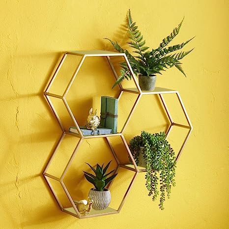 AYMH® Honeycomb Hexagon Wall Shelf set of 3 Metal Floating Wall Shelves Home Decorative Shelf Floating Decorative Shelves for Living Room Bedroom Home Decor Decoration & Storage (Gold)