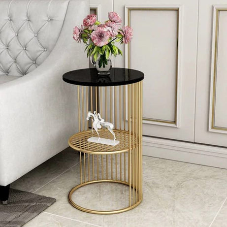 WOODWALLZ Coffee Round Accent Table for Living Room and Balcony with Metal & Engineered Wood Tabletop and Gold Coated Colour Frame (Gold Black)