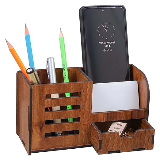 SYAMBABA Desk Organizer With Drawer, Business Visiting Card & Mobile Holder | Multipurpose Wooden Pen And Pencil Holder Stand For Office Desk And Study Table, Desk Supplies Organisers