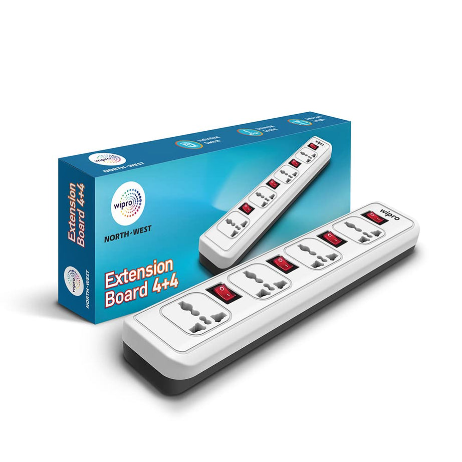 Wipro Essential 4+4 Extension Board | 4 Universal Socket with 4 Switches | 2 Meter Long Cord | Child Safety | Auto Cutoff | Fire Resistant | Multiplug Socket for Home, Office | Pack of 1 | White