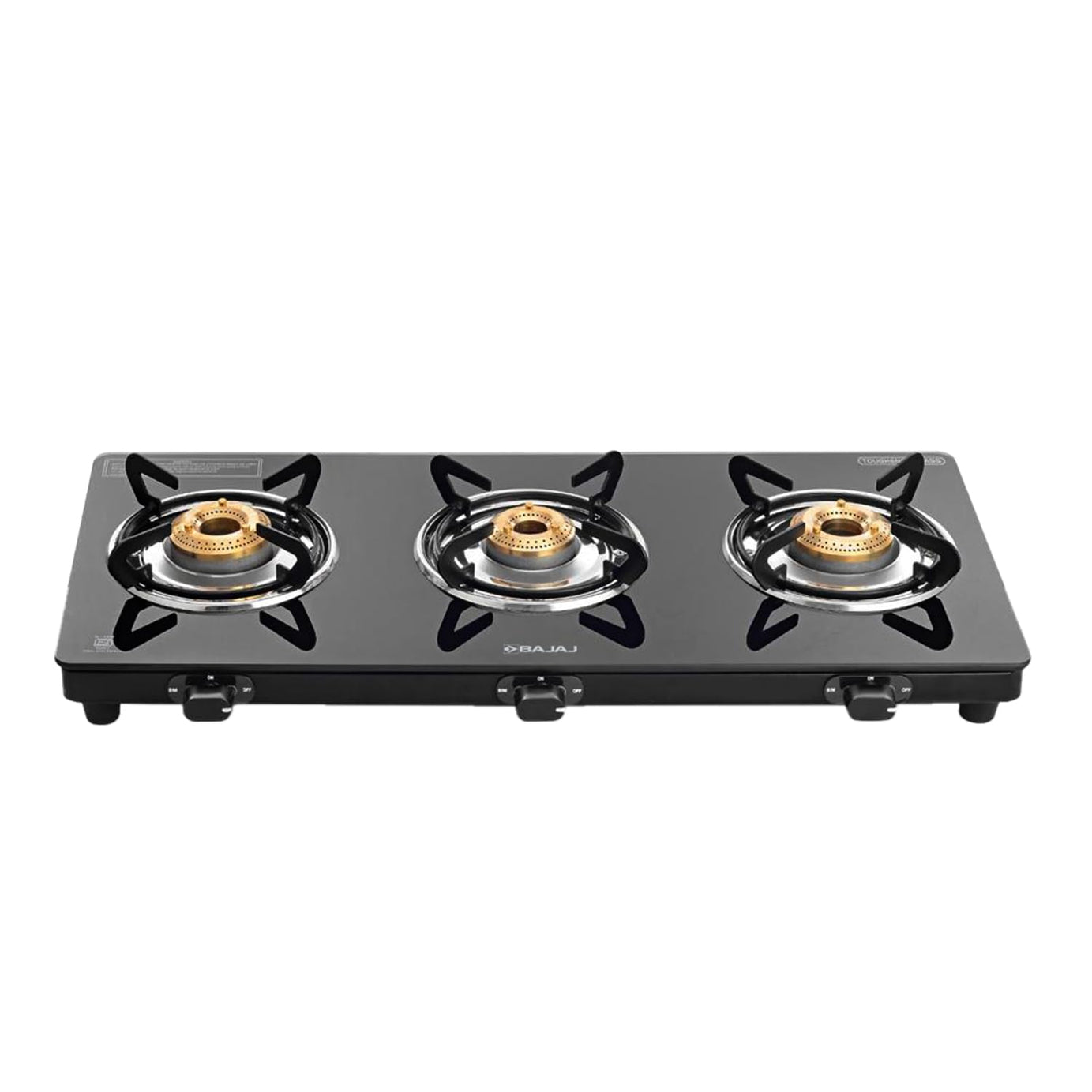 Bajaj Ucx 3 Burner Slim Glass Top Gas Stove|Slim Frame Glass Cooktop|3 Brass Burners| 360 Degree Swivel Nozzle| Stainless Steel Drip Tray| Black, Open