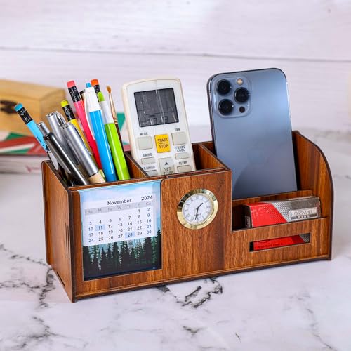 Deskart Desk Organizer With Calender, Clock, Business Visiting Card And Mobile Holder|Multipurpose Wooden Pen And Pencil Holder Stand For Office&Study Table, Desk Supplies Organisers,Brown