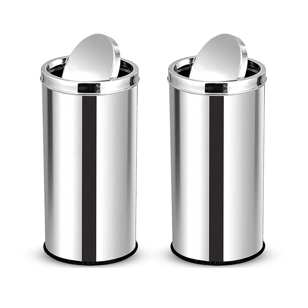 MOFNA Stainless Steel Swing Dustbin Set of 2Pcs, (10X14-18 Liter) Trash can Garbage Bin Paper Bin Round Shape Silver Color use for Home, Office, Kitchen, Bathroom Perfect for Small Spaces