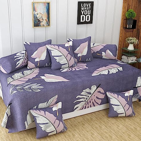 NUGGET 240 TC Printed Diwan Set Covers 8 Pieces, Pure Glace Cotton Designer Printed Standard Diwan Set (1 Single Bedsheet, 2 Bolster Covers, 5 Cushion Covers) (IK-112)