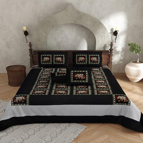 JaipurFabric® 100% Cotton 240 TC Rajasthani Zari Embroidered Double Bedsheet with 2 Pillow Covers (90" X 108"), Black