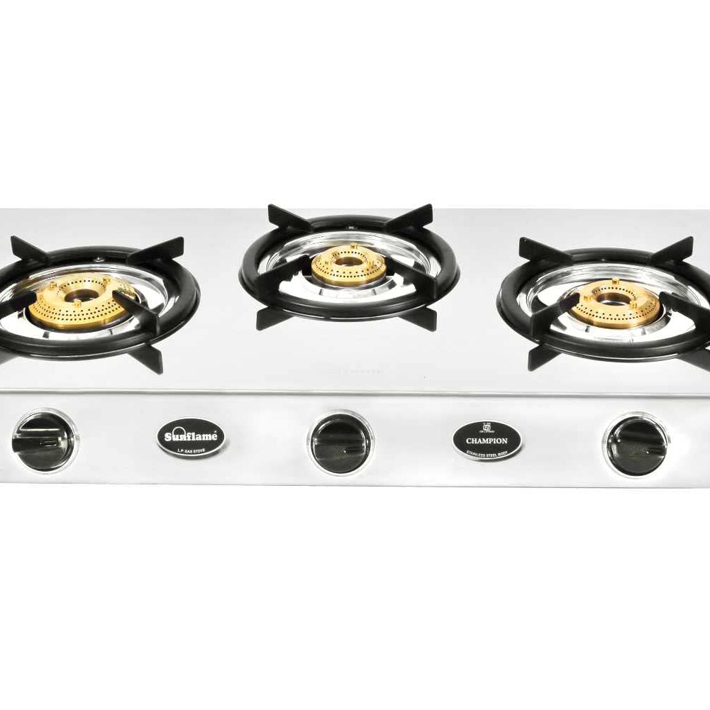 Sunflame Champion 3-Burner Gas Stove | Stainless Steel Body | 2-Years Product Coverage | 1 Medium and 2 Small Brass Burners| Euro-Coated Pan Supports | Manual Ignition | Silver