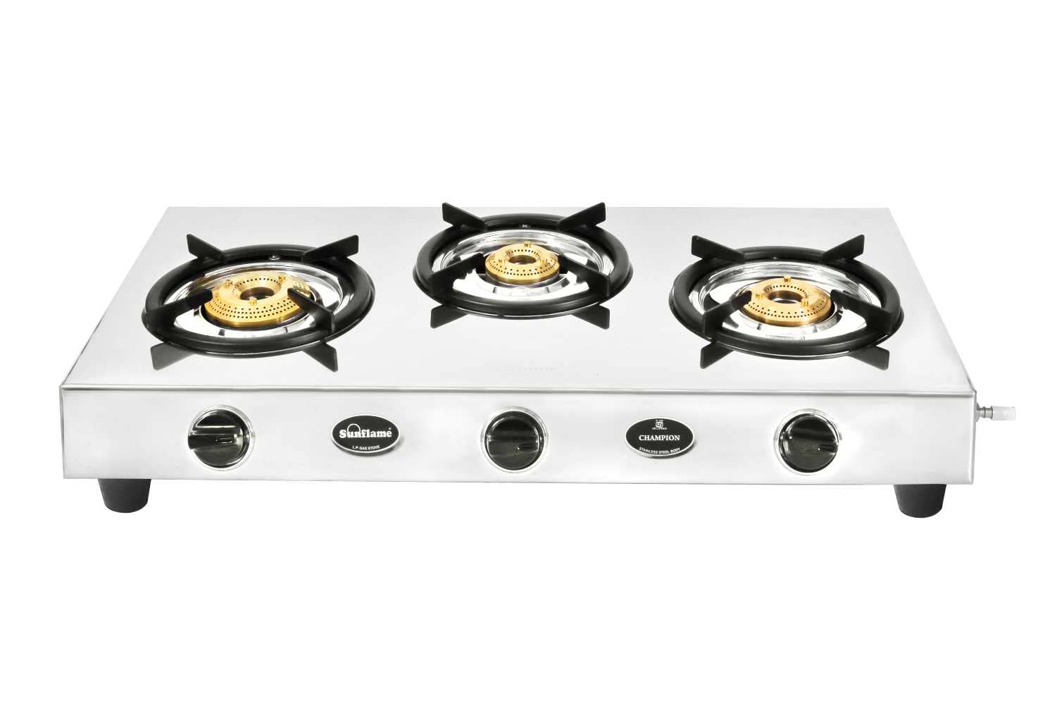 Sunflame Champion 3-Burner Gas Stove | Stainless Steel Body | 2-Years Product Coverage | 1 Medium and 2 Small Brass Burners| Euro-Coated Pan Supports | Manual Ignition | Silver