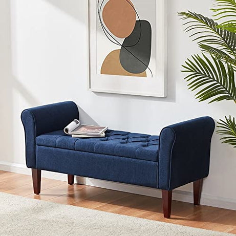 Homecrest Upholstered Flip Top Storage Armrest Bench Ottoman Pouffe Puffy Settee 2 Seater Sofa Footstool For Livingroom Bedroom Office Hotel Guestroom (Navy Blue) - Sal Wood