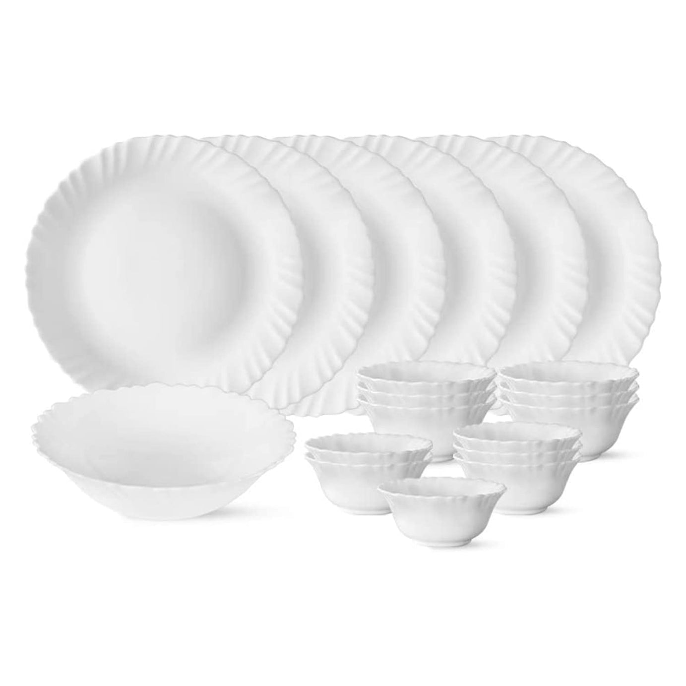 Larah by Borosil Plain White Silk Series Opalware Dinner Set | 19 Pieces for Family of 6 | Microwave & Dishwasher Safe | Bone-Ash Free | Crockery Set for Dining & Gifting | Plates & Bowls | White