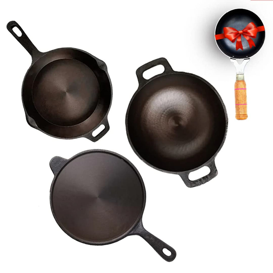 The Indus Valley Super Smooth Cast Iron Cookware Set + Free Iron Tadka Pan | Tawa(26.3cm) +Kadai(25.4cm/2L) +Fry pan(25.4cm/1.7L) | Kitchen Cooking Combo Pots and Pans Set of 4Pcs | Naturally Nonstick