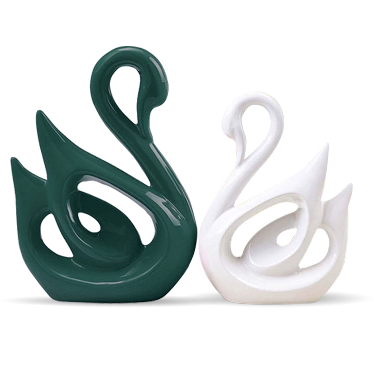 LIFEHAXTORE Home Decor Lucky Swan Couple, Green White, Piano Finish Ceramic Figures(Set of 2 Pc, Large)