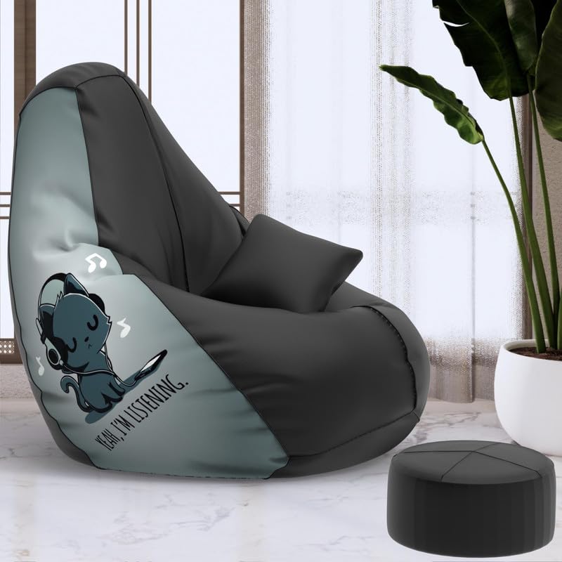 ComfyBean Bag with Beans Filled XXXXL Bean Bag with Free Cushion and Footrest - Official : PrintZen Combo (Matching Color : Printed, Yah I am Listening - Black Grey)