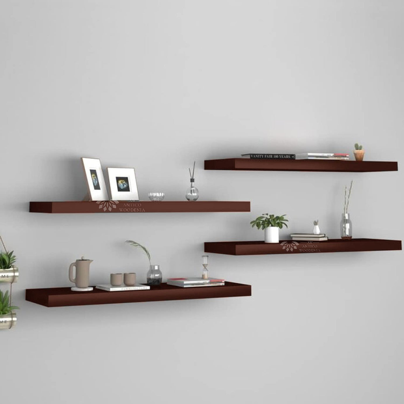 ANTICO WOODENIA® Wooden Floating Wall Shelf| Wall Mount| Wall Rack| Wall Bracket for Home and Office Decor | Big Mounted Cabinets (Large, Set of 4, Brown)