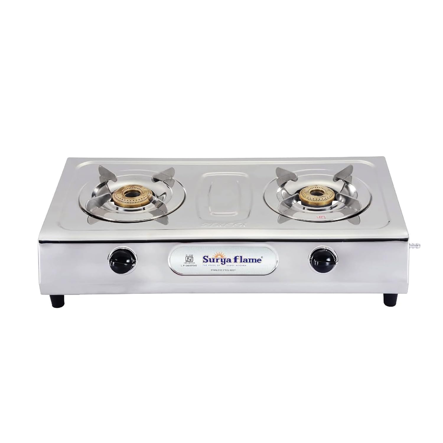 Surya Flame LPG Gas Stove Stainless Steel Ultimate 2 Brass Burner Manual Ignition with BIS Certified doorstep Warranty 2 Years (Silver)