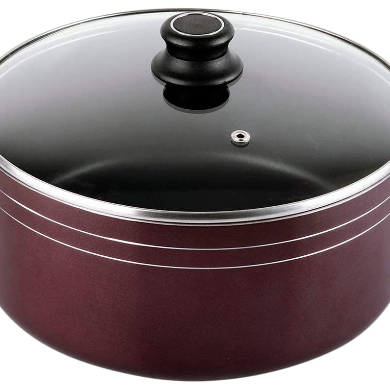 Cello Prima Non Stick Biryani Pot 5.5 LTR with Glass Lid, Gas Stove Compatible Only, Cherry