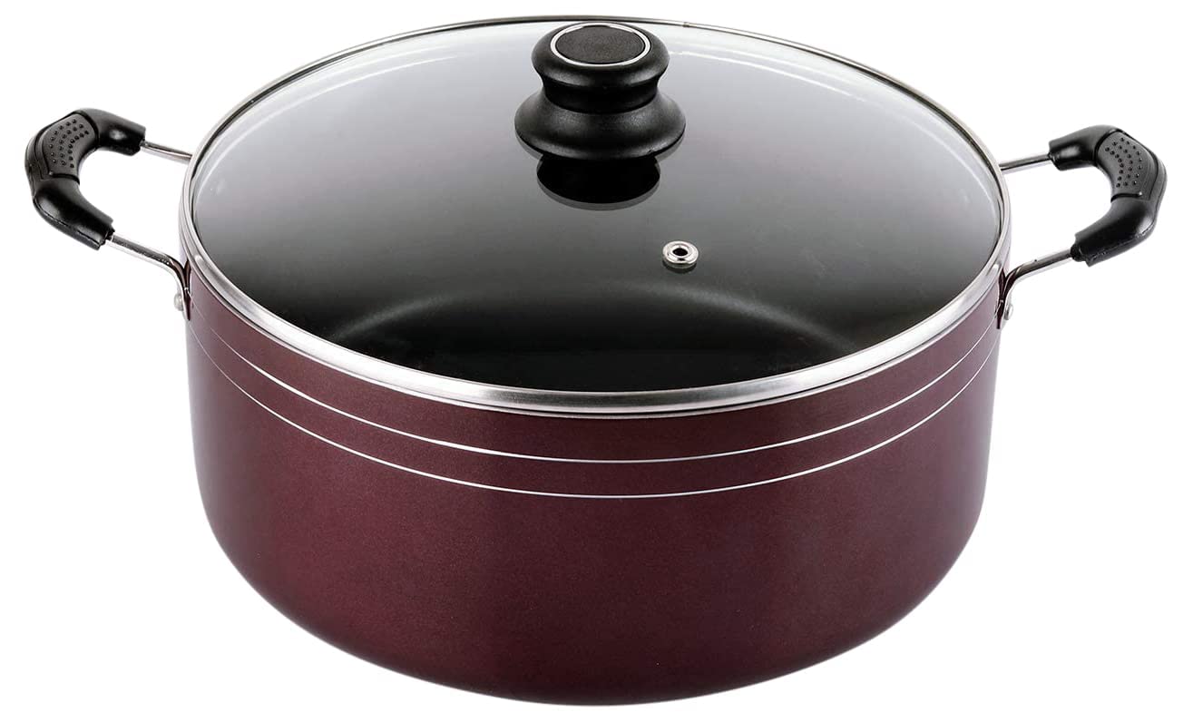 Cello Prima Non Stick Biryani Pot 5.5 LTR with Glass Lid, Gas Stove Compatible Only, Cherry