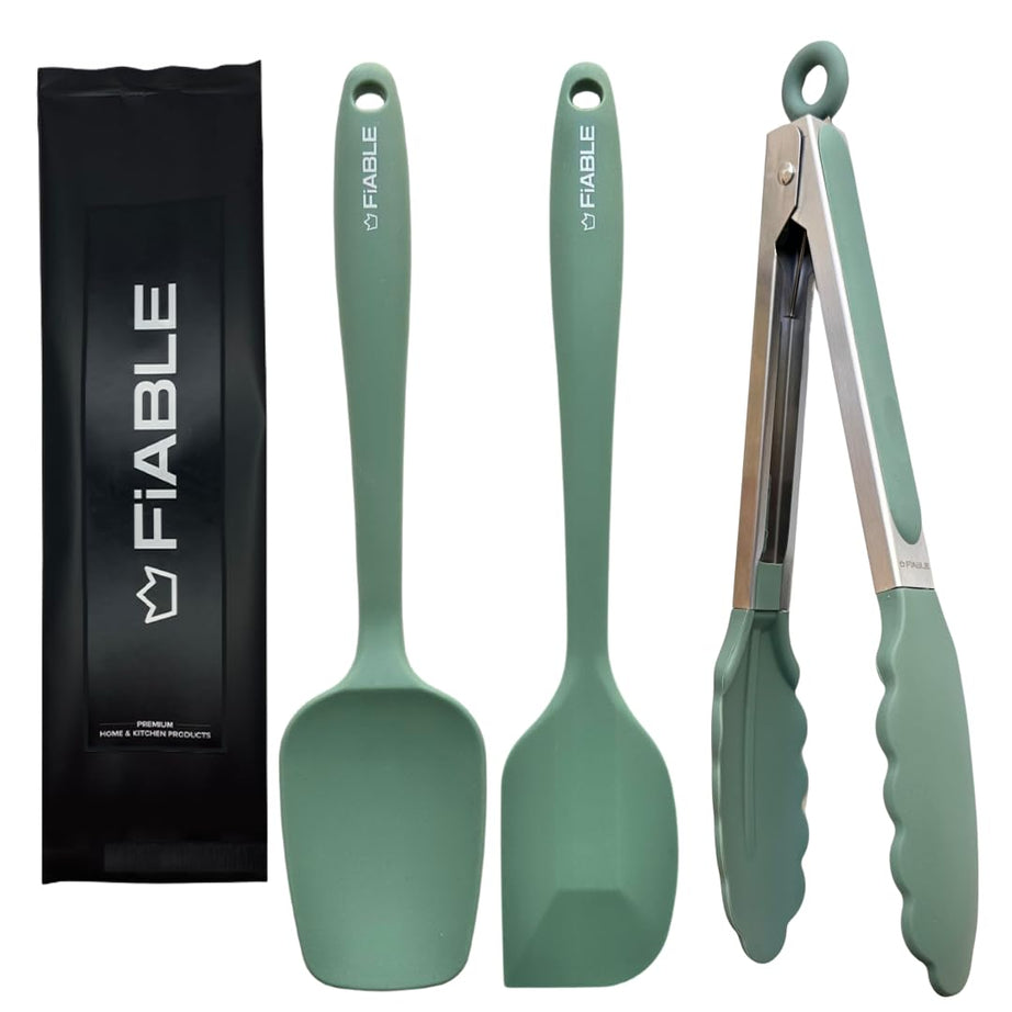 FiABLE Premium Silicone Spatula and Tongs Set - Heat Resistant, Seamless Design - Set of 3 - Green Tong & Spatulas