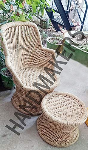 Handmakers ! Natural Bamboo (SARKANDA) Mudda Chair & Stool with Beige SET (1 Chair + 1 Stool)