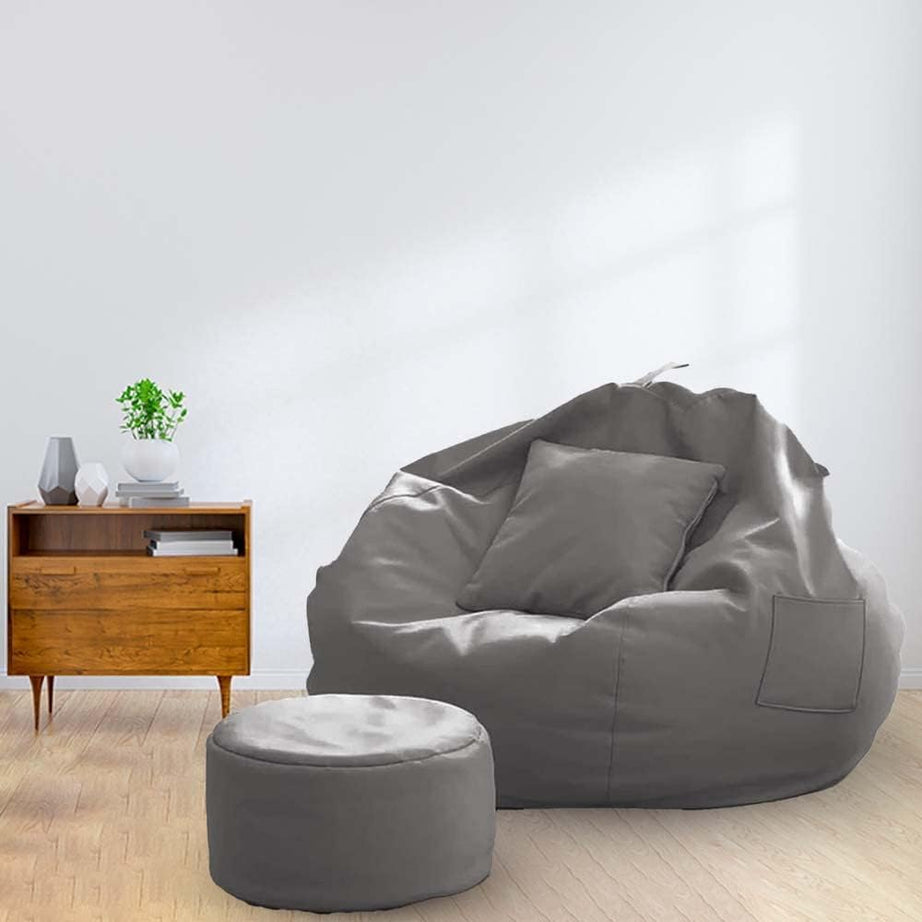 PAGARIA- Original Faux Leather 4XL Filled with Beans Bean Bag with Footrest and Cushion XXXXL Adult Size Bean Bag | Capactity- Upto 6feet (Ready to Use) (XXXXL, Grey)