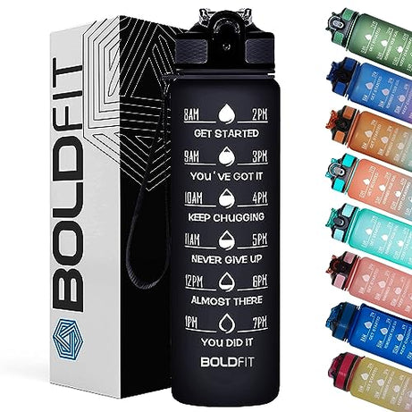 Boldfit Water Bottles 1 Litre Sipper Bottle For Adults, Kids,Unbreakable Motivational Water Bottle Time Mark Sipper With Straw & Time For Gym Office School Home Water Bottle for Kids -Black (Plastic)