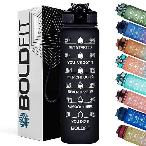 Boldfit Water Bottles 1 Litre Sipper Bottle For Adults, Kids,Unbreakable Motivational Water Bottle Time Mark Sipper With Straw & Time For Gym Office School Home Water Bottle for Kids -Black (Plastic)