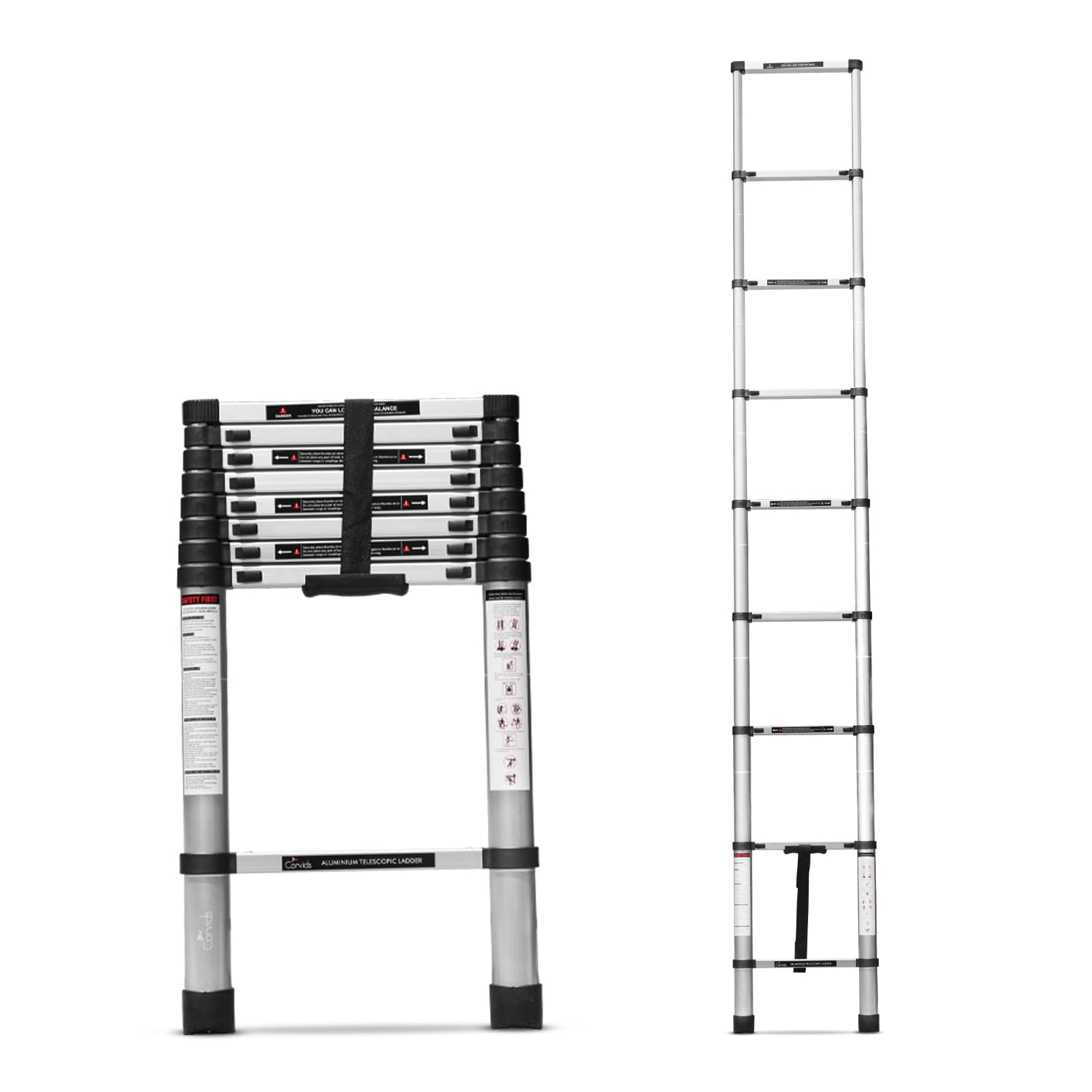 Corvids 2.6m (8.5 feet) Portable & Compact Aluminum Telescopic Ladder | 2-Year Warranty | EN131 Certified 9-Steps Foldable Multipurpose Step Ladder for Home & Outdoor use