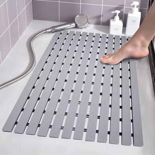 Eurotex Premium Shower Anti Slip Mat for Bathroom Floor, Striped anti Skid, Stand up mat for Bath, Kitchen, Anti Bacterial (Grey, 1.5ft x 2ft) - Also Available in 5 Meter Roll