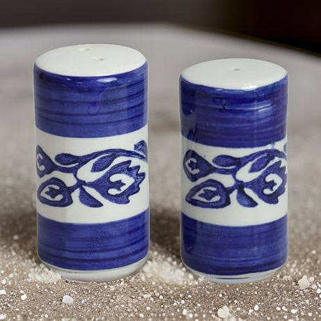 Saras Aajeevika Falak SHG Khurja Pottery Uttar Pradesh, Handcrafted Ceramic Salt Pepper Set for Dining Table, Spices Dispenser Shaker Sprinkler Bottle, White & Blue Colour, 80 ML (Set of 2 Pcs)