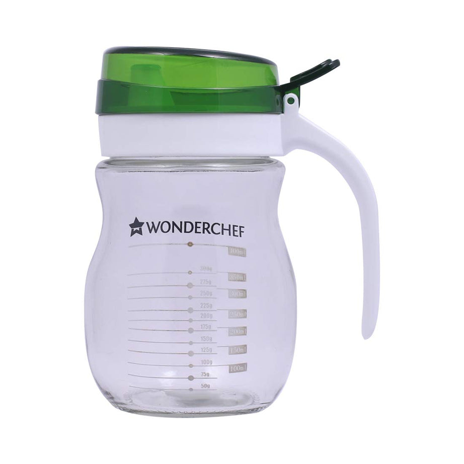 Wonderchef Oil Pourer Glass Bottle for Kitchen, Transparent Oil Pourer and Holder with Green Lid, Accurate Pouring without Wastage, 550ml