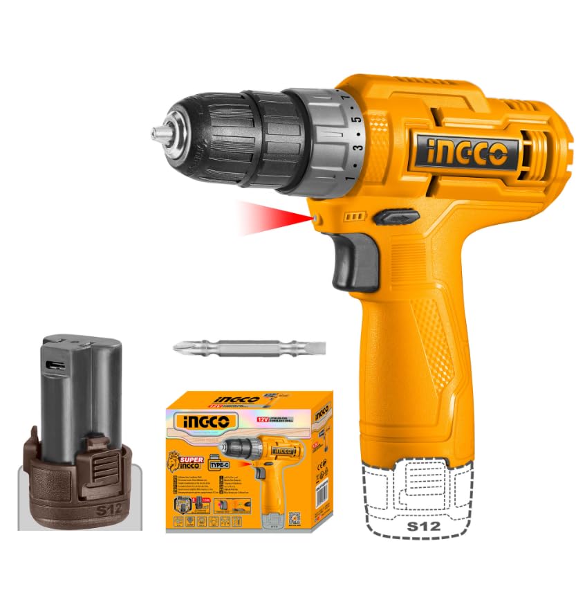 INGCO 12V Cordless Drill, Cordless Drilling Machine With 1.5 Battery And Drill Bit, 20Nm,0.8-10Mm,15+1 Torque - Multicolor