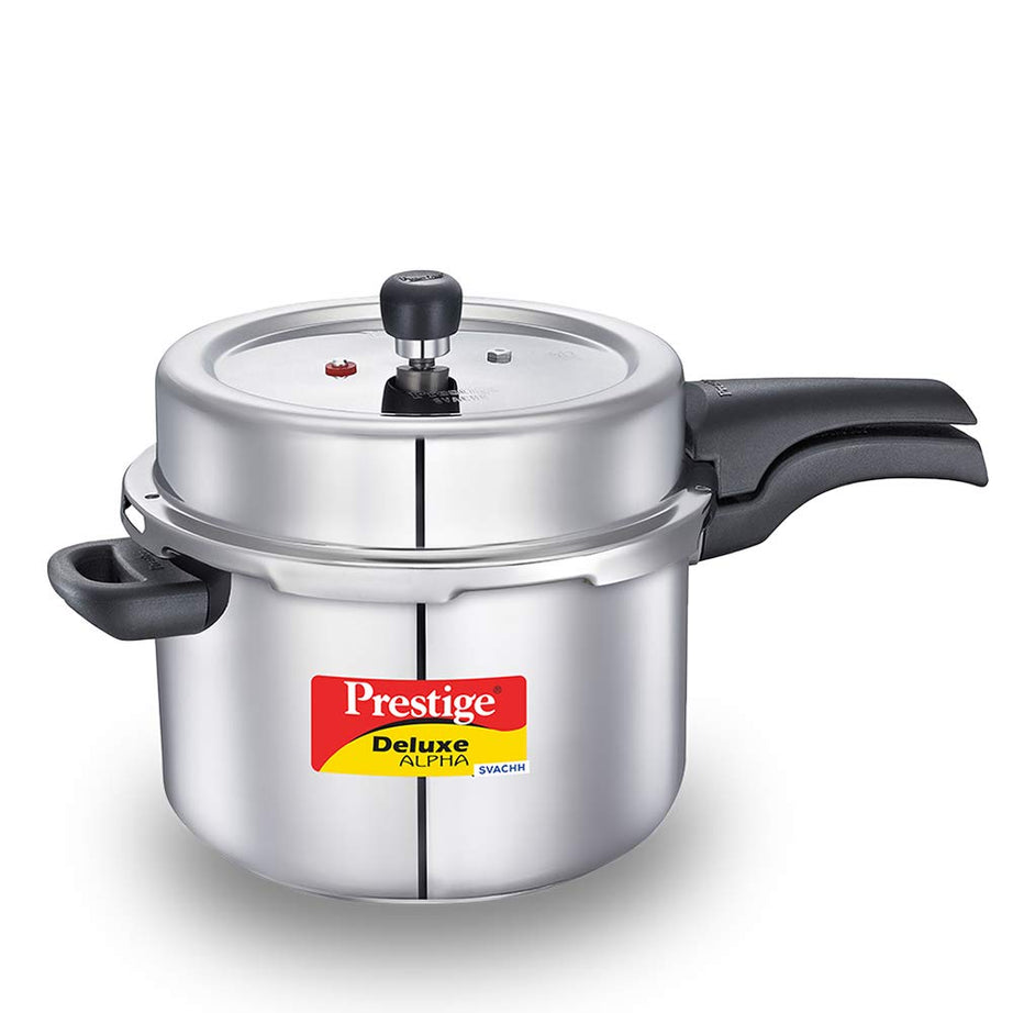 Prestige 8 Litres Svachh Deluxe Alpha Induction Base Outer Lid Stainless Steel Pressure Cooker | Deep Lid controls spillage| Silver | Straight Wall | Pressure Indicator | Gasket-release system