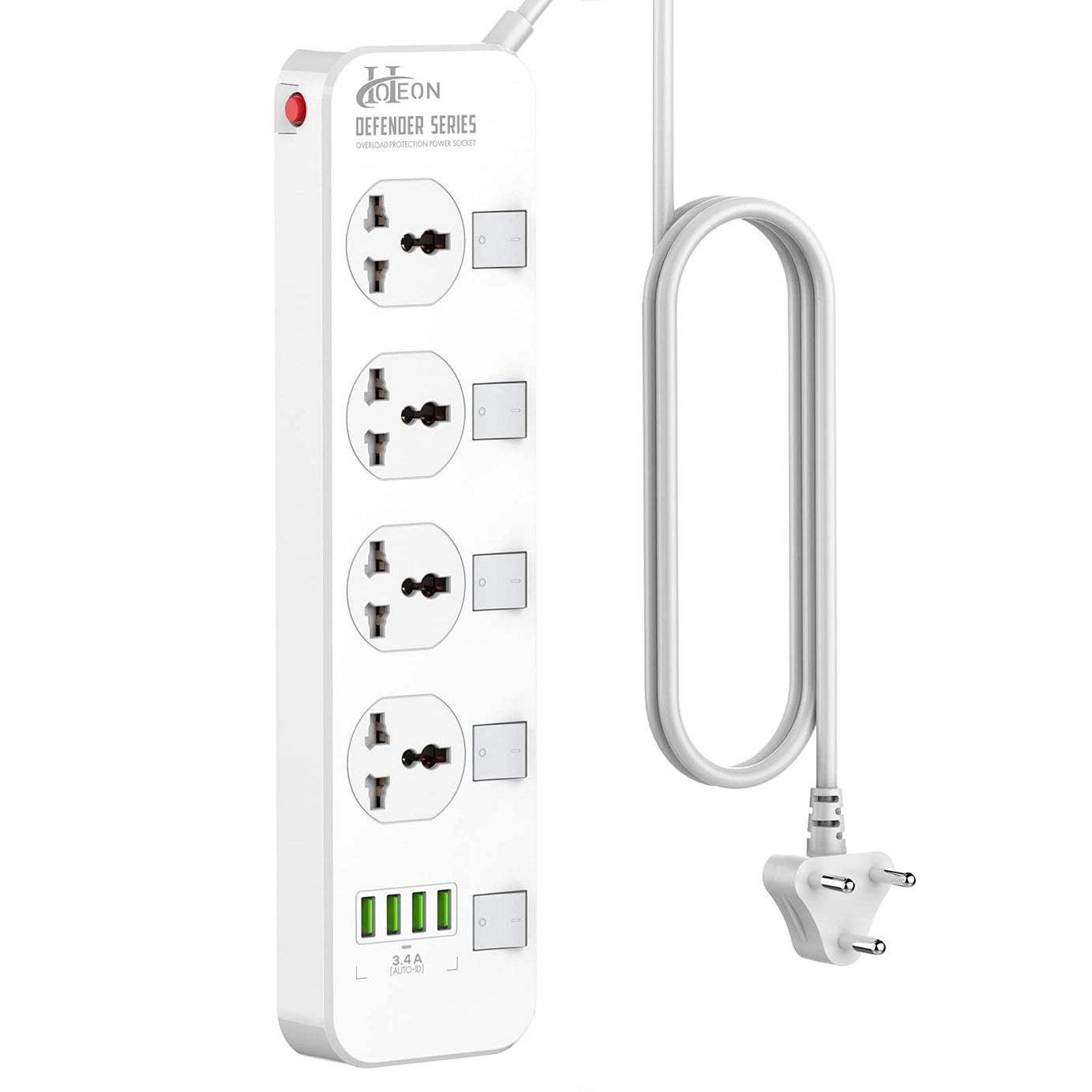 Hoteon 2500W Extension Board With Usb Slots, Individual Switch & Safety Shutter, 4 Usb Ports(3.4A) 4 Way Outlets Power Strips With Universal Sockets And 2M Extension Cord (3-Pin, White), 250 Volts