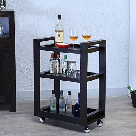 ALATERRE HOME FURNITURE Bar Trolley Wooden | Solid Wood Bar Trolley | Folding Bar Serving Service Trolley | Style Rolling Storage Cabinet Trolley for Kitchen Bar Dining Room | Walnat Finish