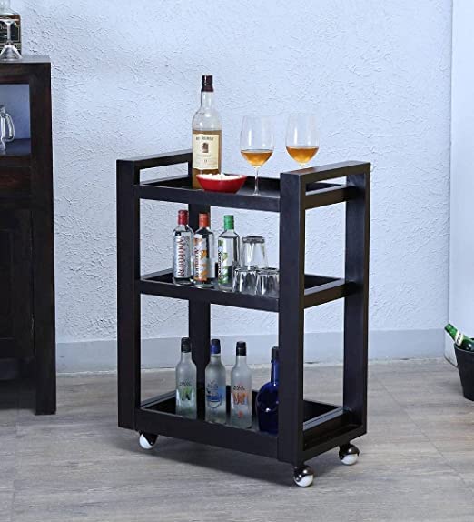 ALATERRE HOME FURNITURE Bar Trolley Wooden | Solid Wood Bar Trolley | Folding Bar Serving Service Trolley | Style Rolling Storage Cabinet Trolley for Kitchen Bar Dining Room | Walnat Finish