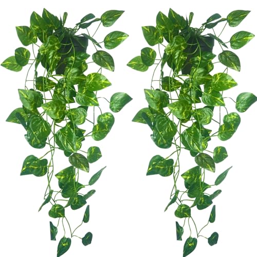 Tdas Plastic Artificial Plants With Pot Leaves Hanging Ivy Garlands Plant Greenery Vine Creeper Home Decor Door Wall Balcony Decoration Party - 50 Cm (2 Pcs Money Plants)